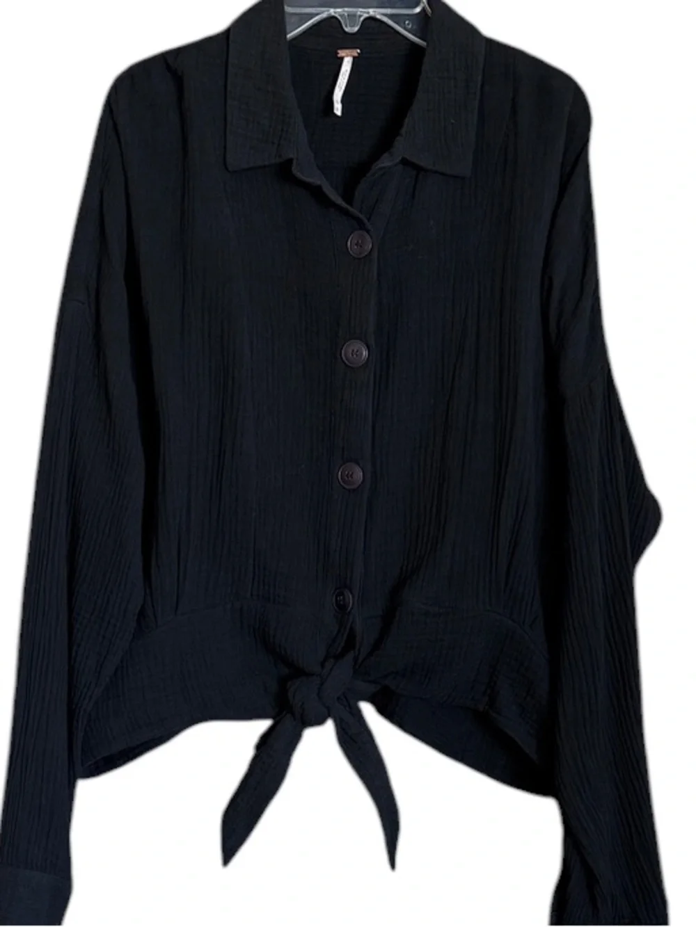 Free People Black Double Gauze Tie Front Button Down Oversized Shirt Top Size L